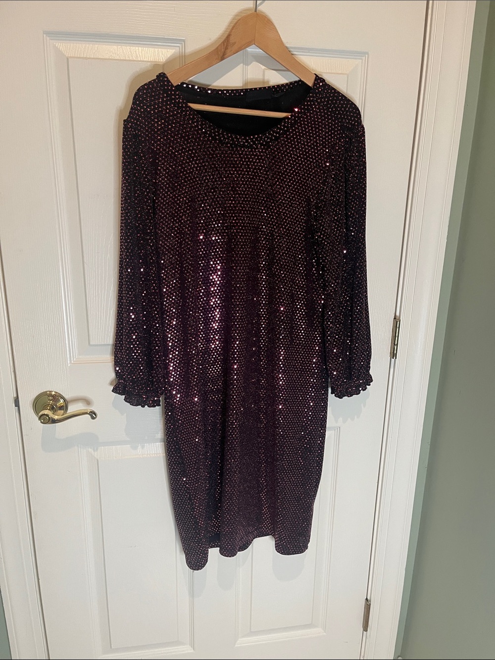 Nina Leonard Deep Plum Sequin Long Sleeve Shift Dress